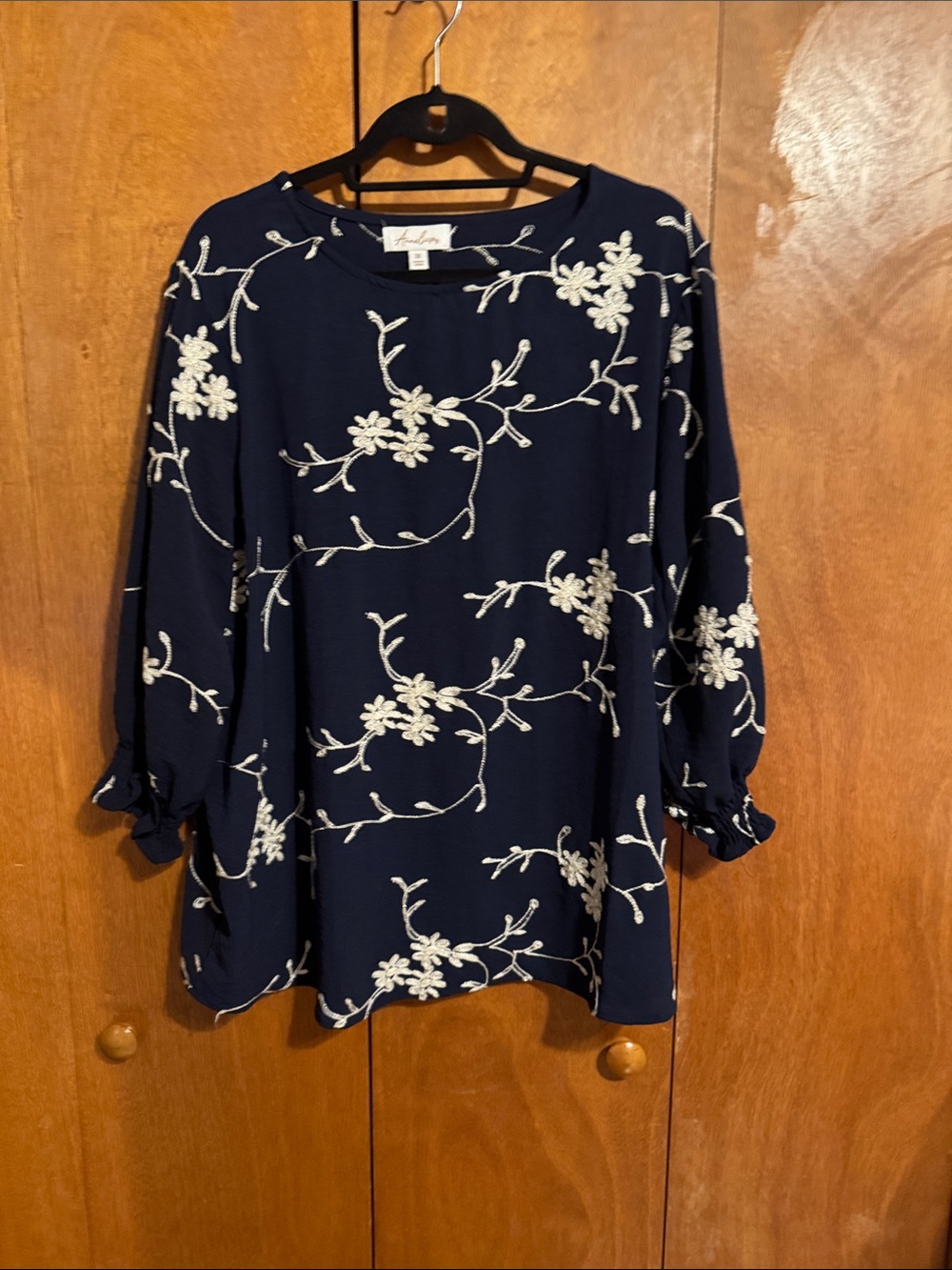 Anne Klein Navy Blue Floral Embroidered Blouse